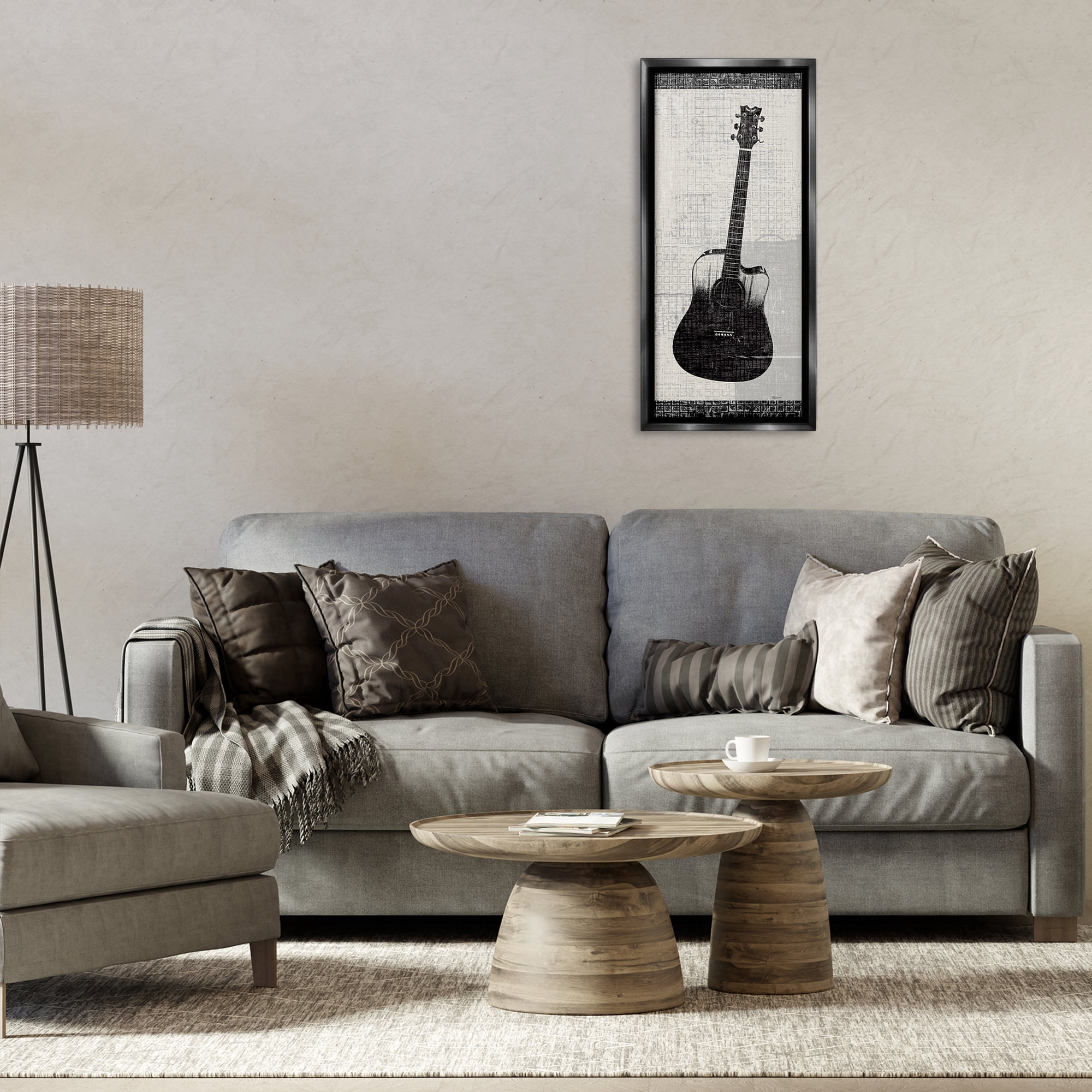 Stupell Industries Patterned Acoustic Guitar Performing Arts Painting Black Floater Framed Art Print Wall Art, 15 x 31