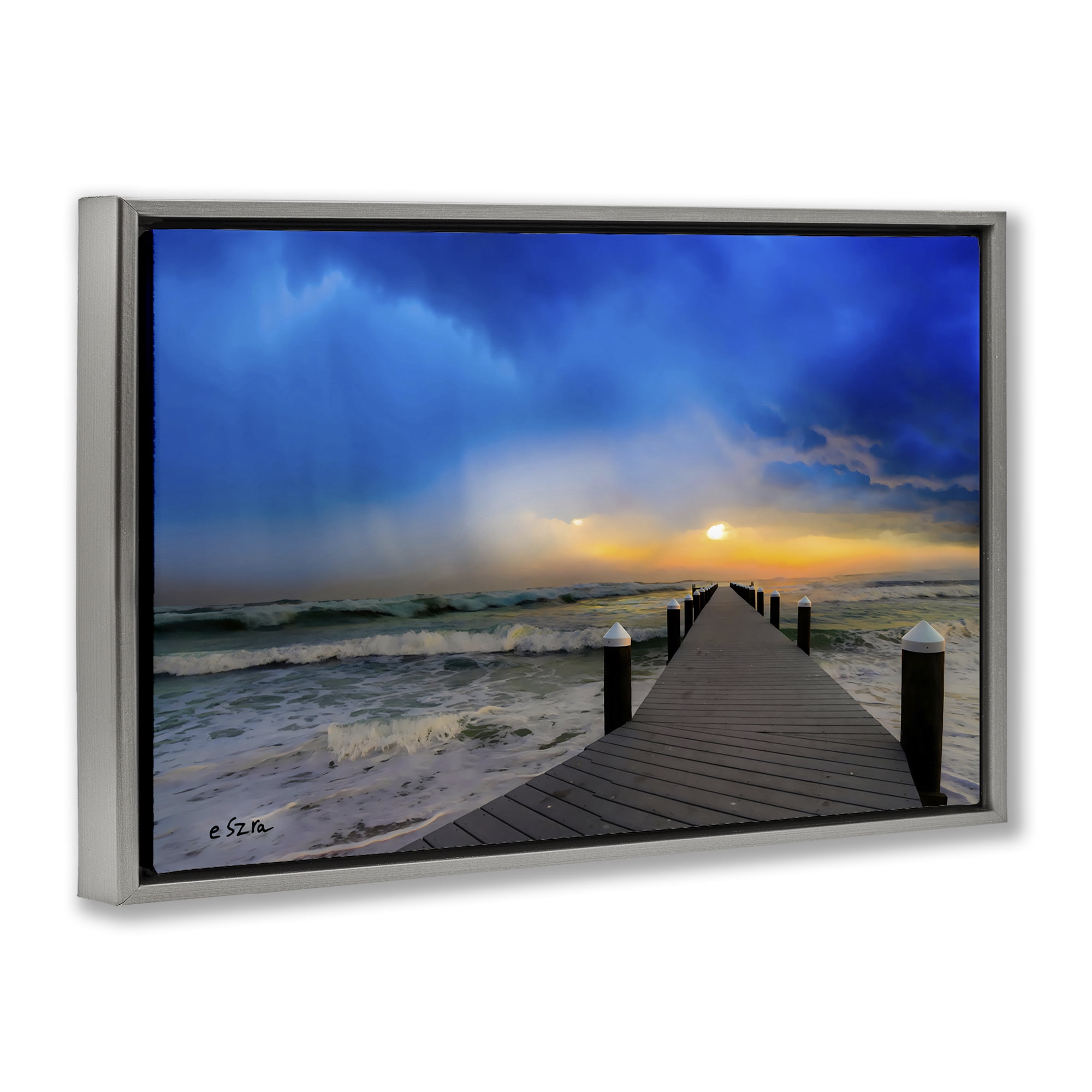 Stupell Industries Sun Breaking Over Sea Pier Gray Framed Floater Canvas Wall Art, design by Eszra Tanner