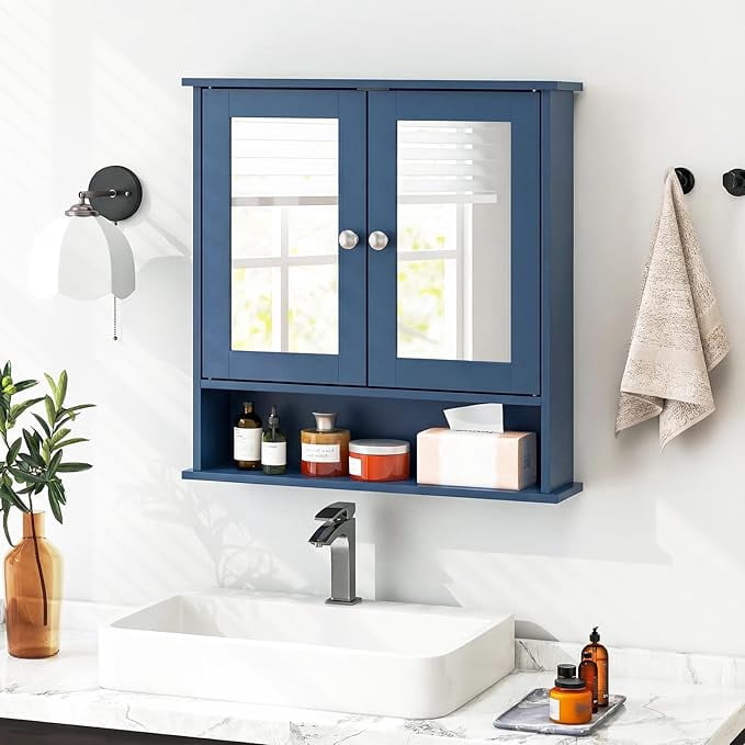 Bathroom Medicine Cabinet with Mirror, Wall Mounted Wooden Hanging Organizer with Doors and Shelves, Bathroom Wall Mirror Cabinet