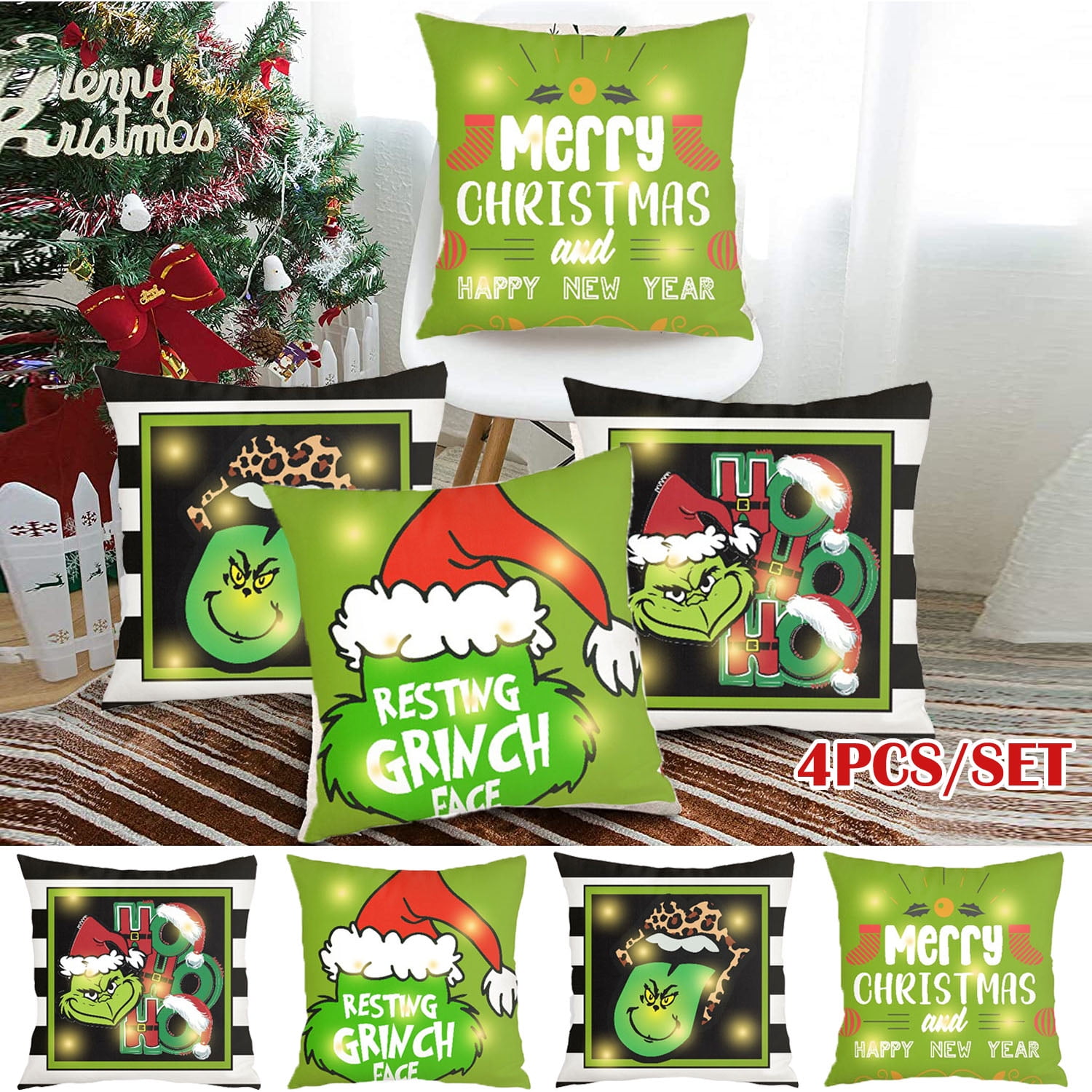 Pack of 4 LED Light Up Christmas Grinch Pillow Cover