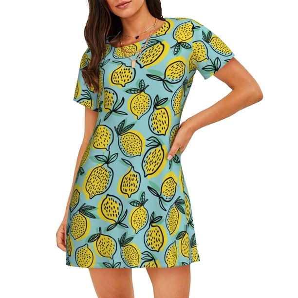 Disketp Lemon para Camisón Corto de Manga Corta para Mujeres, Camisón Cómodo con Escote Redondo, Bonito y Confortable