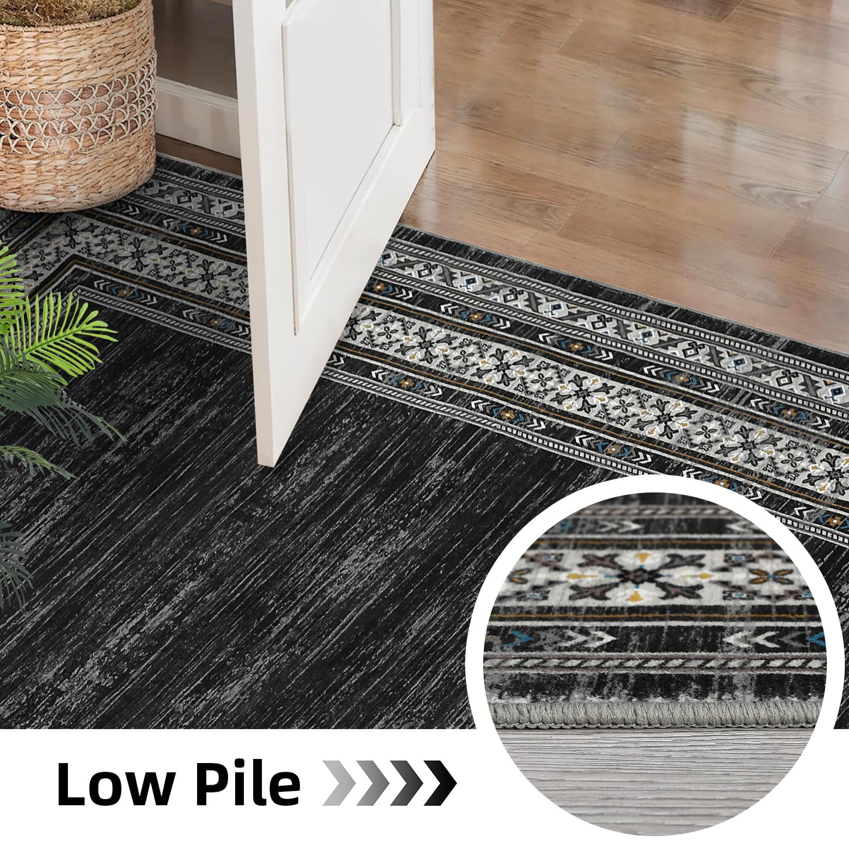Washable 10x13 Area Rugs for Living Room, Soft Large Modern Bedroom Rugs, Ultra Thin Non Slip Accent Carpet for Dining Room, Low Pile Non Shedding Floor Cover Mat for Nursery Office, Black