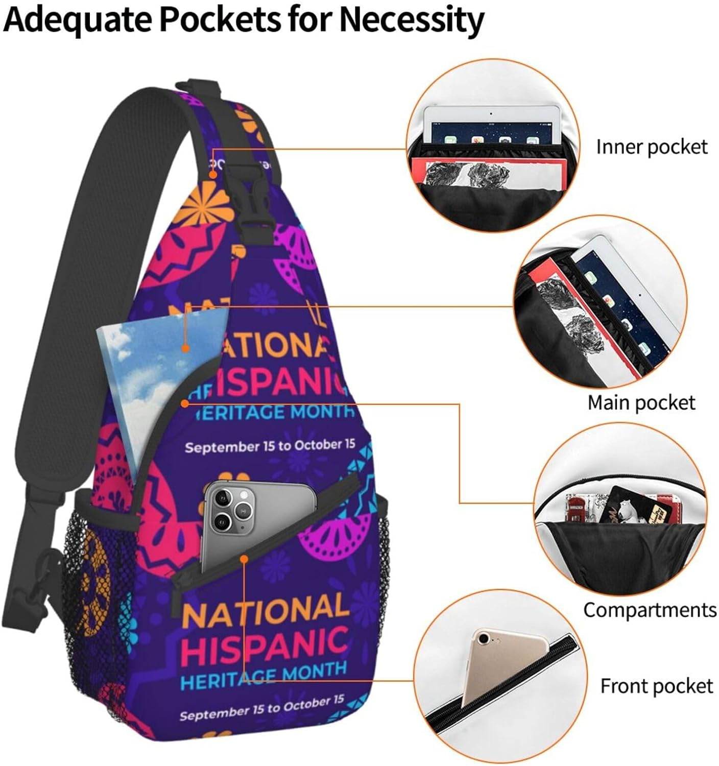 Mes Nacional De La Herencia Hispana Hispanic Heritage Month Sling Bag Crossbody Hiking Travel Chest Bags Backpack Shoulder Daypack for Women Men