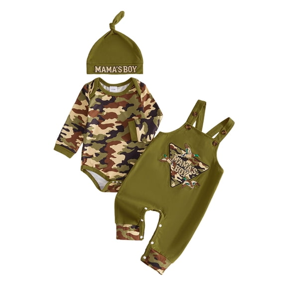 Cjfdfy Newborn Baby Boy Camo Angling Outfit Mama's Boy Long Sleeve Rompers And Wild Goose Deer Patch Overalls Pants With Cute Hat Infant Cute Fall Hunting Clothes