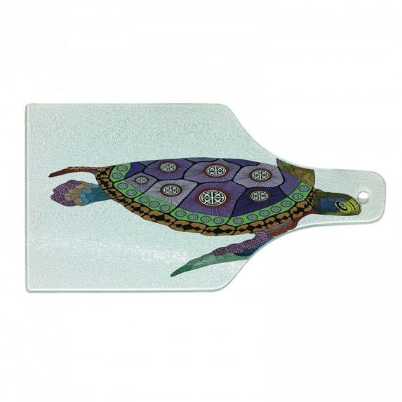 Psychedelic Cutting Board, Sea Turtle Colorful Ornamental Style Tattoos on Animal Art Work, Decorative Tempered Glass Cutting and Serving Board, Wine Bottle Shape, Purple Orange Pink, by Ambesonne