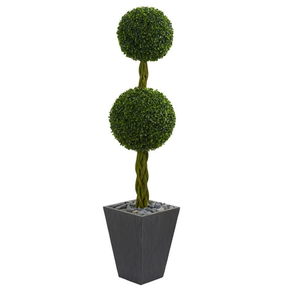 Nearly Natural 5 ft. Double Ball Boxwood Topiary Artificial Tree in Slate Planter UV Resistant (Indoor/Outdoor)r)