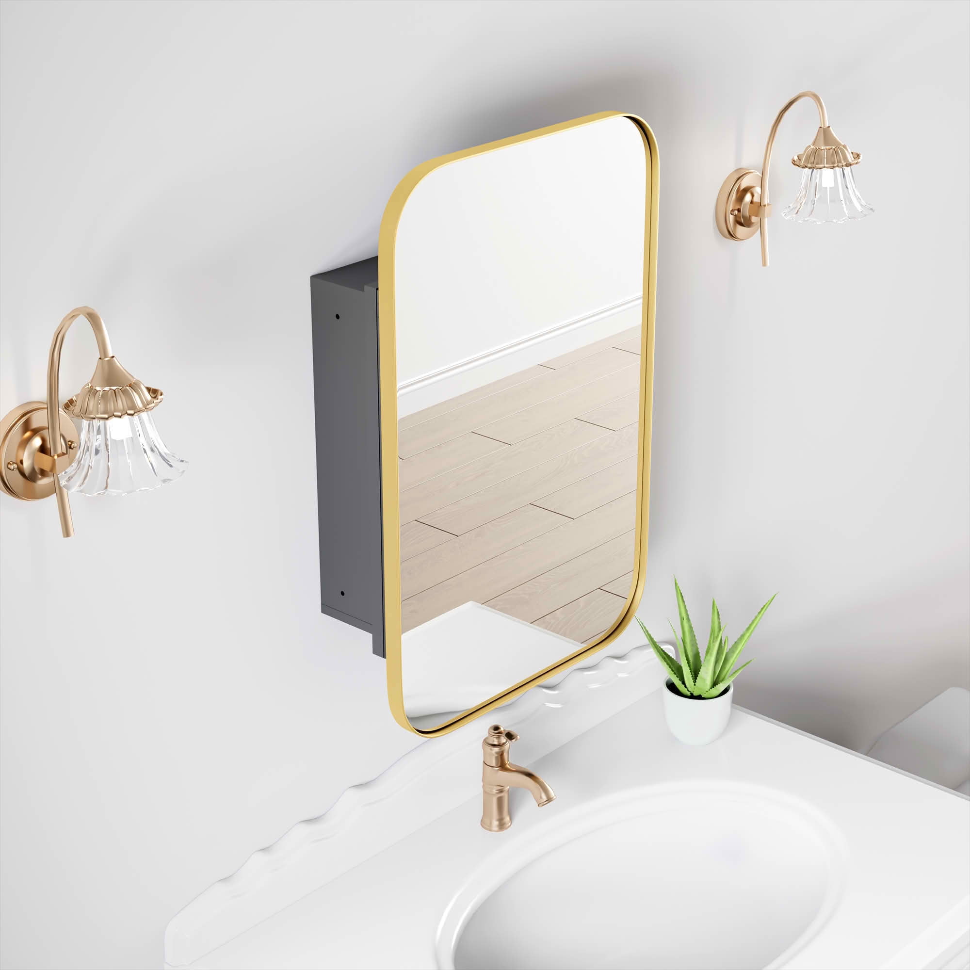 MAYEERTY 24x16x5 Inch Gold Metal Round Corner Rectangular Medicine Cabinet for Bathroom