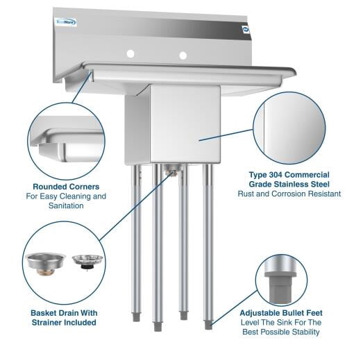 KoolMore - SA101410-10B3 1 Compartment Stainless Steel NSF Commercial Kitchen Prep & Utility Sink with 2 Drainboards - Bowl Size 10" x 14" x 10", Silver