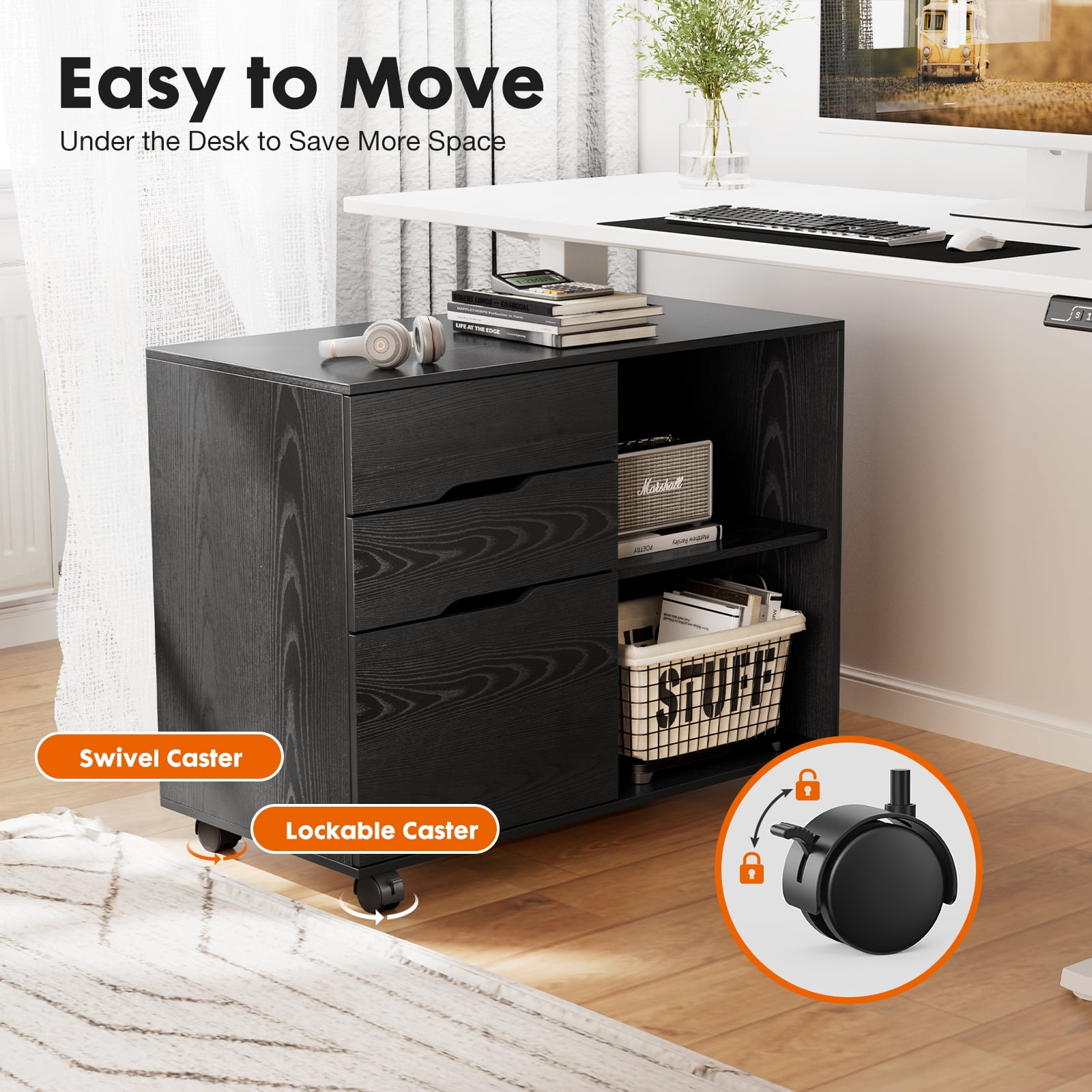 LIFERECORD 3-Drawer Rolling File Cabinet with Open Shelf, Fabric Filing Storage for Home Office, Black