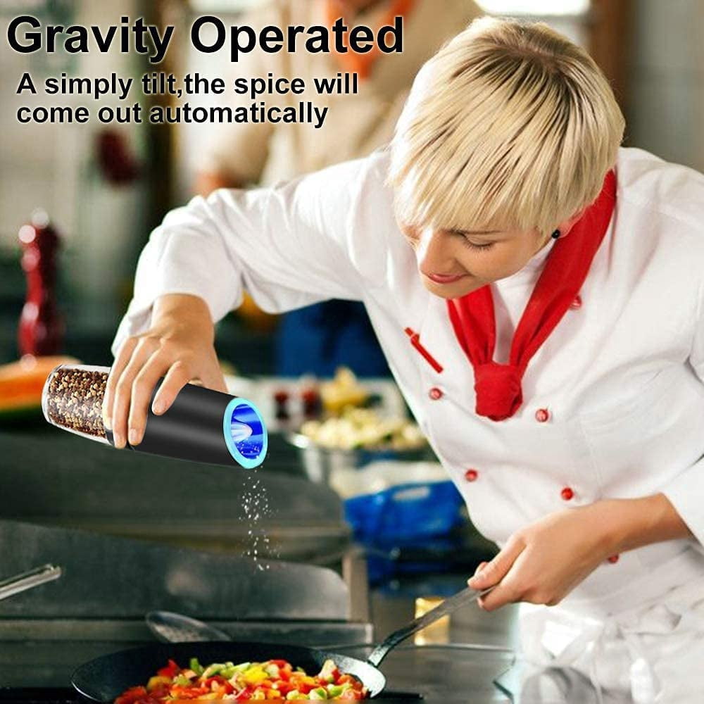 Automatic Salt and Pepper Grinder Set, Gravity-Activated Electric Grinders with Adjustable Coarseness, LED Light, and One-Handed Operation, Ideal for Spices,Battery Operated (Black,2Pack)