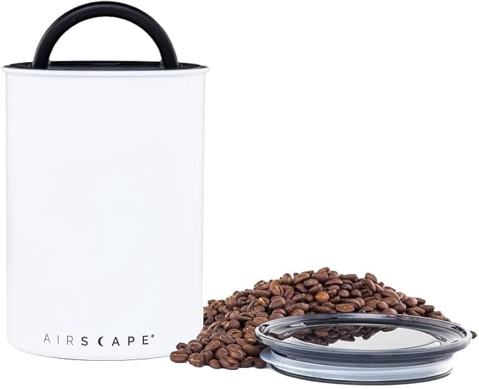 Planetary Design Airscape Stainless Steel Coffee Canister | Food Storage Container | Patented Airtight Lid | Push Out Excess Air Preserve Food Freshness (Medium, Matte White)