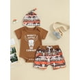 thumbnail image 2 of SUNSIOM Toddler Boy Shorts Outfit Letter Print Short Sleeve Romper with Cattle Pattern Shorts Hat Set, 2 of 6