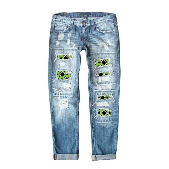 GYUJNB Jeans for Women Women's Fashion Football Print Jeans Print Ripped Casual Denim Pants For Women Democracy Jeans for Women,Light Blue,L