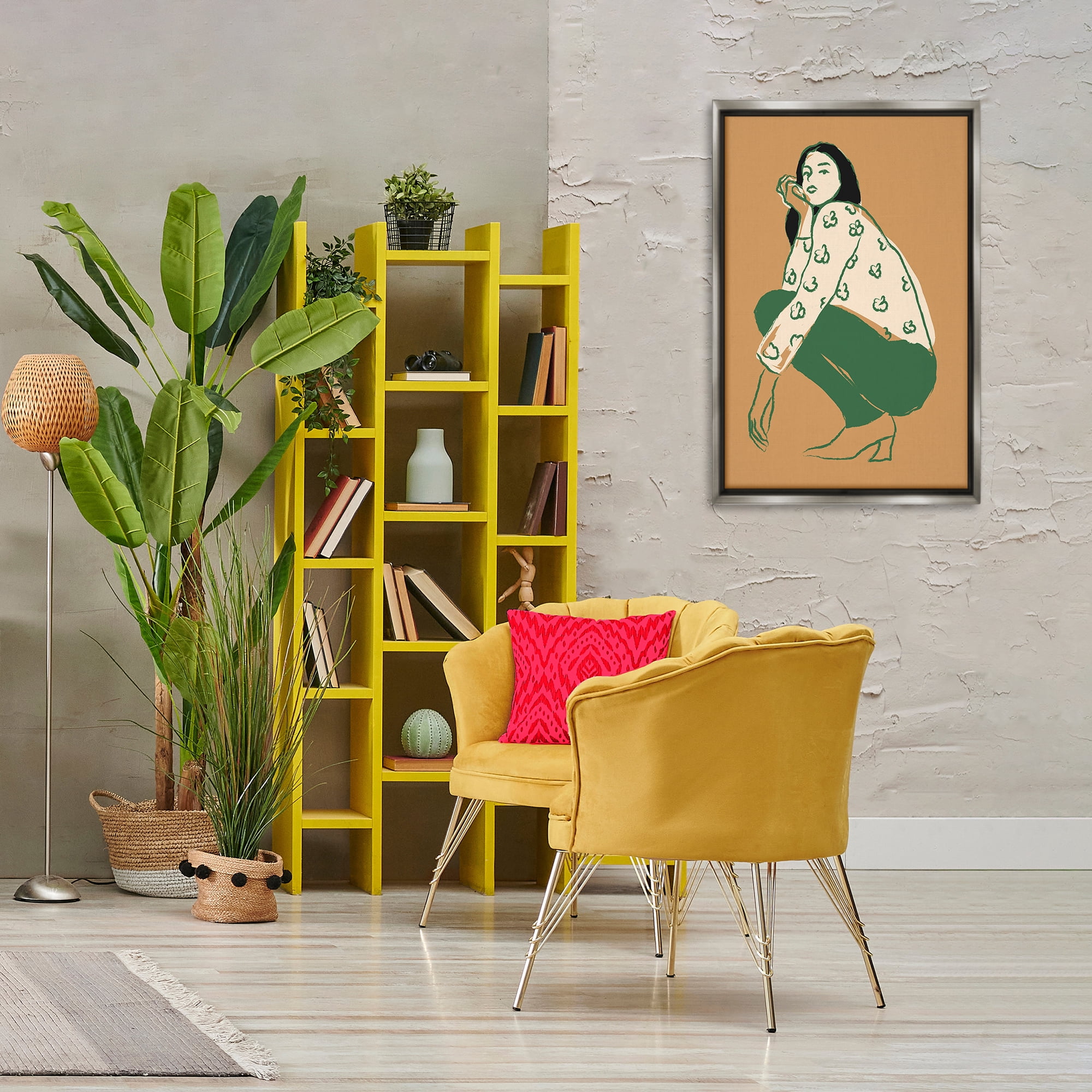 Stupell Industries Fashion Girl Kneeling Novelty Painting Gray Floater Framed Art Print Wall Art, 21 x 31