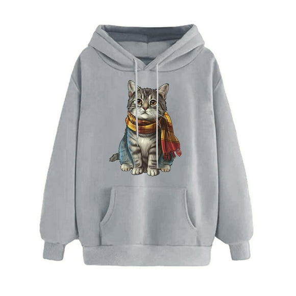 aohooy Hoodies for Women Anime Cute Cat Print Hooded Sweatshirt Oversized Drawstring Pullover Tops Hoodie with Kangaroo Pocket Gray,XXL