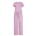thumbnail image 2 of fheaev Summer 2 Piece Outfit for Women Ruched Short Sleeve Crewneck Tops Wide Leg Pants with Pockets Casual Tracksuit Sets, 2 of 9