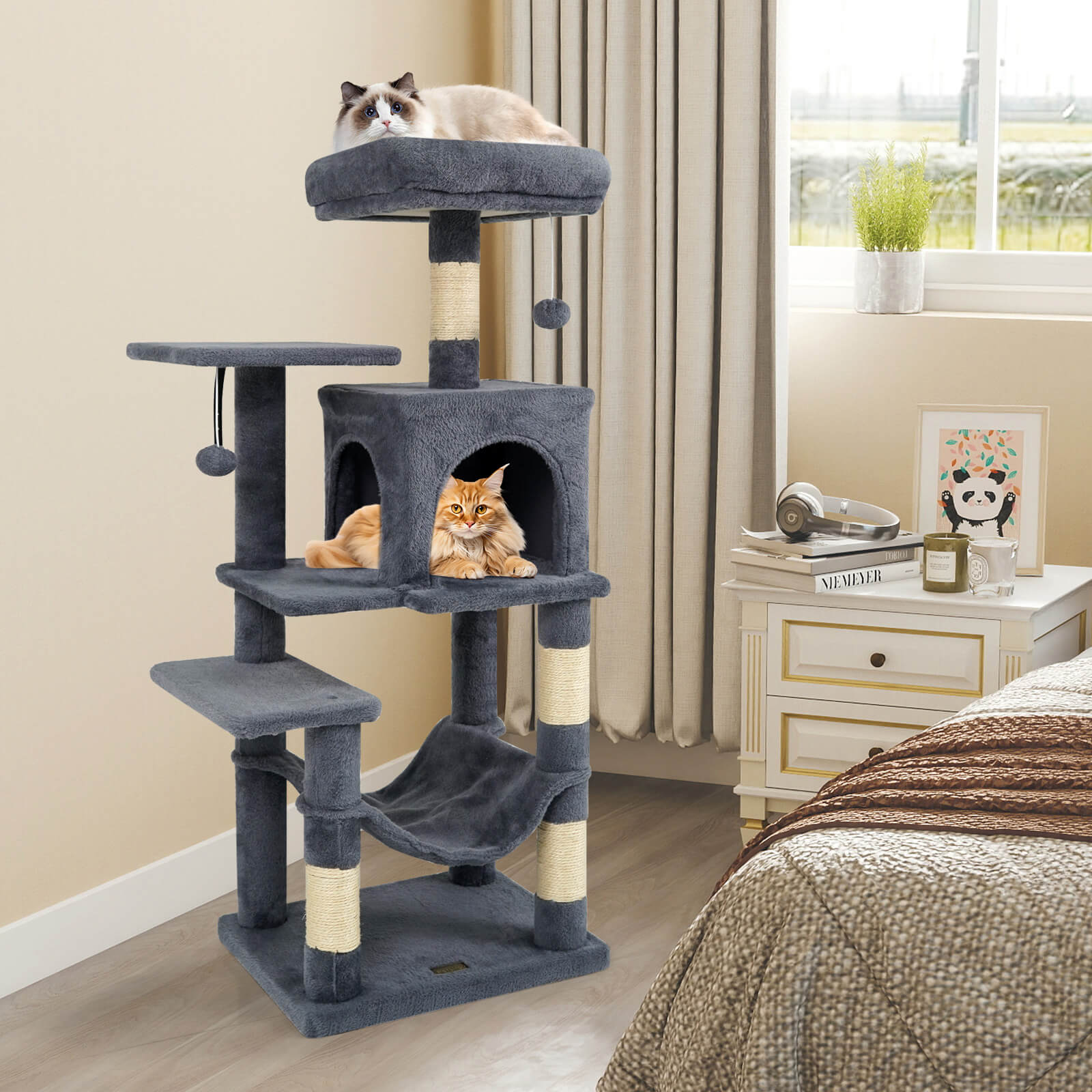 Costway 44” Tall Multi-level Cat Tree with Cushion Top Perch, 2-Entrance Large Cat Condo Dark Gray
