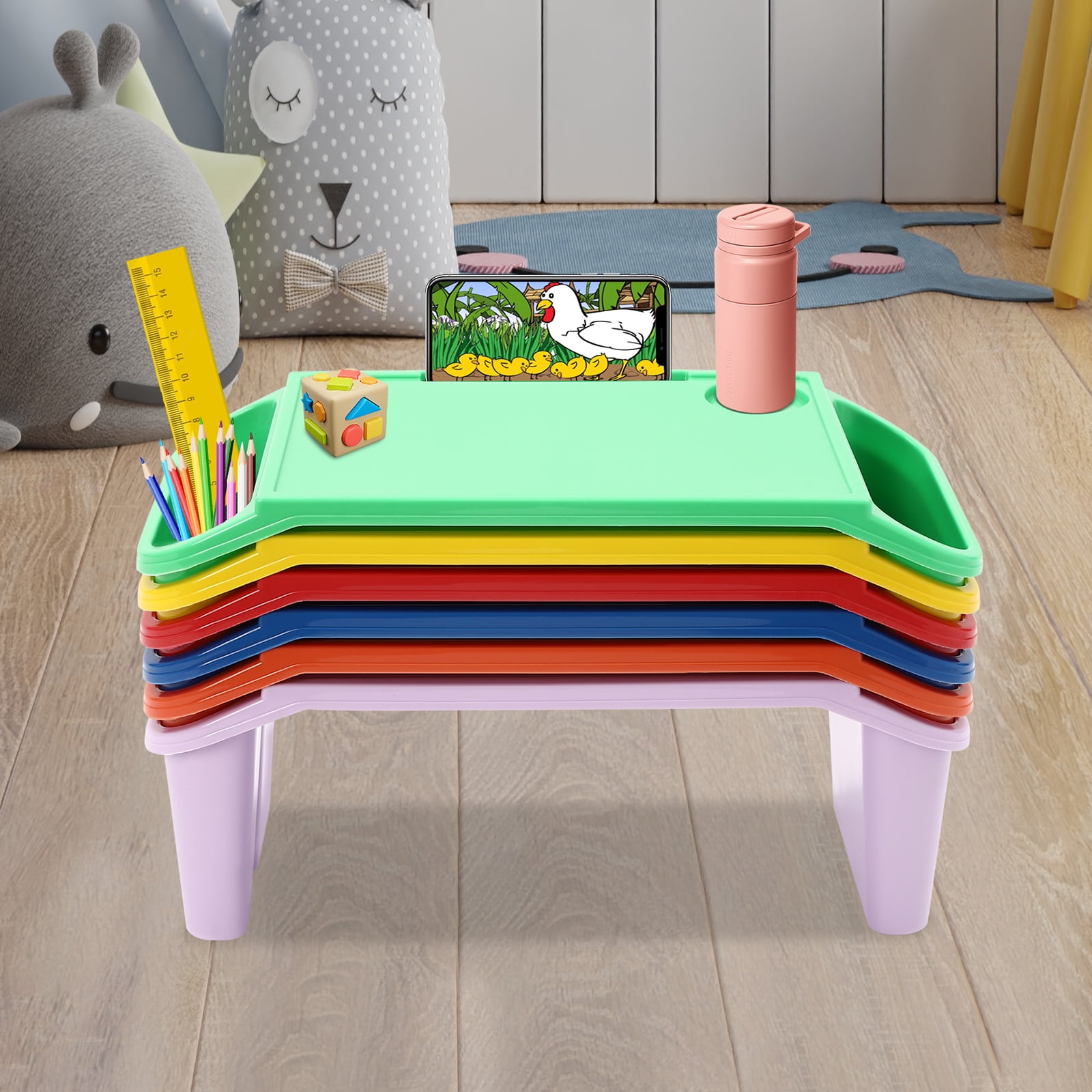 Peakora 6PCS Kids Lap Desk Tray, Portable Lap Desks with Side Pockets, Plastic Breakfast Lap Desk Trays for Writing Eating Game Classroom