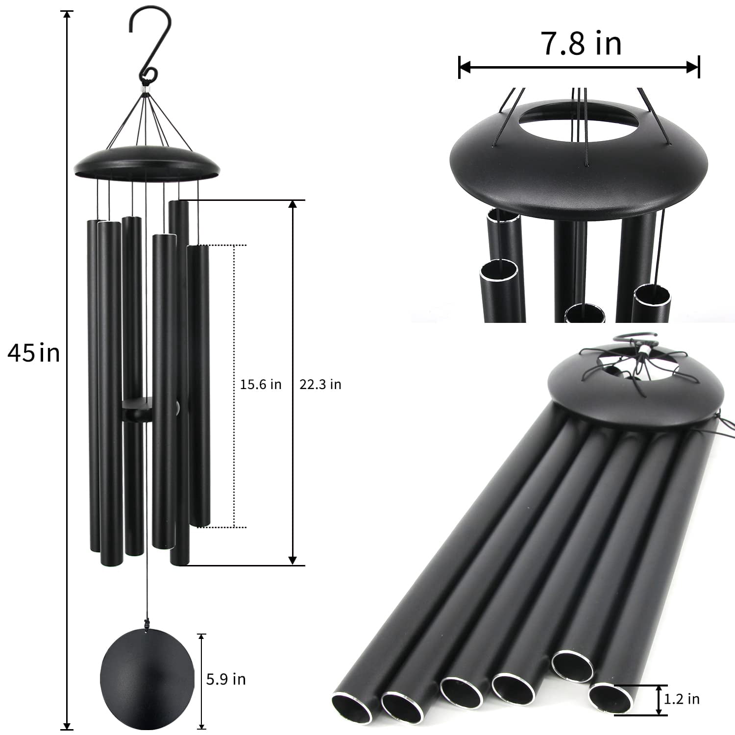 45 In Memorial Wind Chimes Large With 6 Heavy Tubes  Deep Tone Outdoor For Garden Hanging Decor Sympathy Gifts. Black