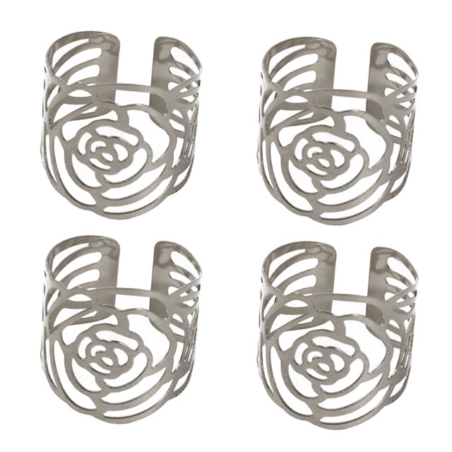 4 servilleteros plateados con forma de rosa hueca, hebillas de hierro, elegantes servilleteros para mesa de comedor o fiesta