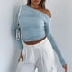 thumbnail image 3 of Top De Manga Larga Camisa básica de mujer Top Color sólido Estilo sexy Hombro inclinado Ropa de calle Traje Ygjytge L Azul para Mujer, 3 of 5