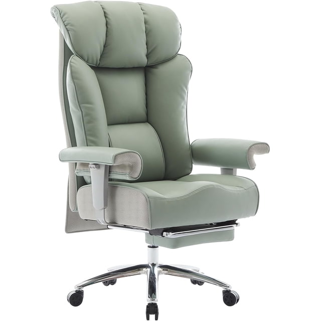Desk Office Chair Big Back PU Leather Computer Chair Executive Office Chair with Leg Rest and Lumbar Support Grey Office Chair