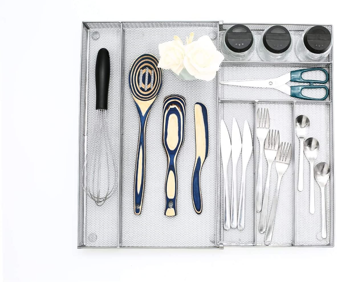 Utensil Drawer Organizer - Expandable Cutlery Tray, Silverware/Flatware Storage Divider for Kitchen, Mesh Designing with Non-slip Rubber Feet (Silver)