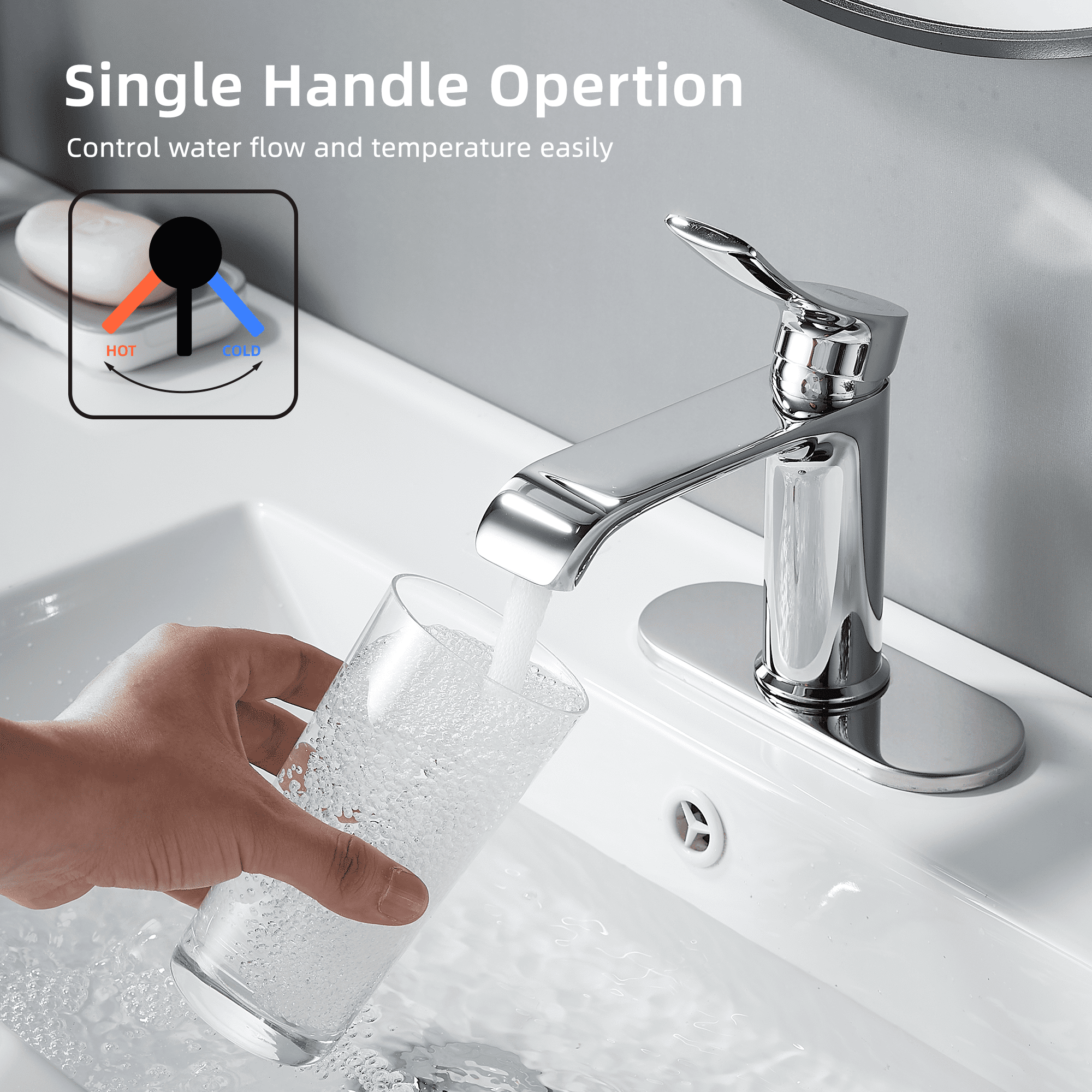 BELZ Bathroom Faucet Modern Waterfall Bathroom Sink Faucet with Single Handle with Pop Up Drain and Deck Plate Suitable for 1 or 3 Holes, Chorme