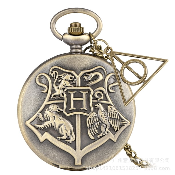 2025 Reloj de bolsillo retro de Harri con insignia de las Reliquias de la Muerte, Hufflepuff, Slytherin, Gryffindor y Ravenclaw, relojes grandes, regalos y accesorios