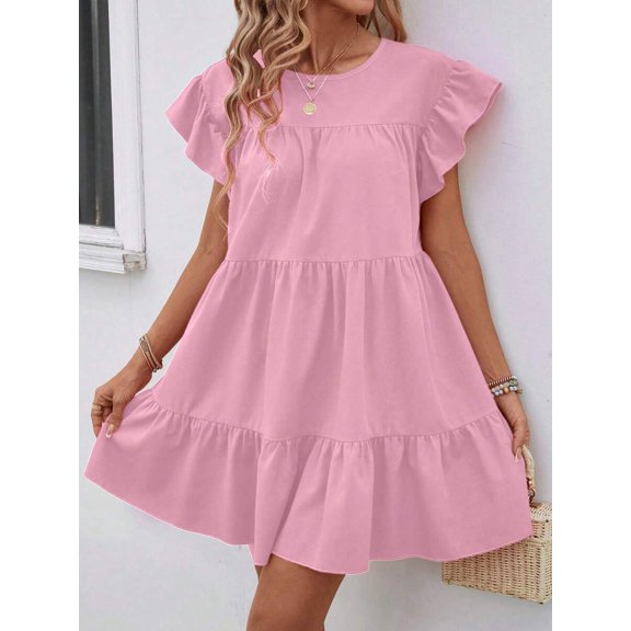 Pink Solid Ruffle Hem Smock Dress With Flutter Sleeves For Casual Holiday Wear