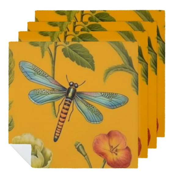 JRXY Dragonfly Flowers Yellow Polyester Cloth Napkins Party Dinner Decoration Washable Reusable 2 PCS