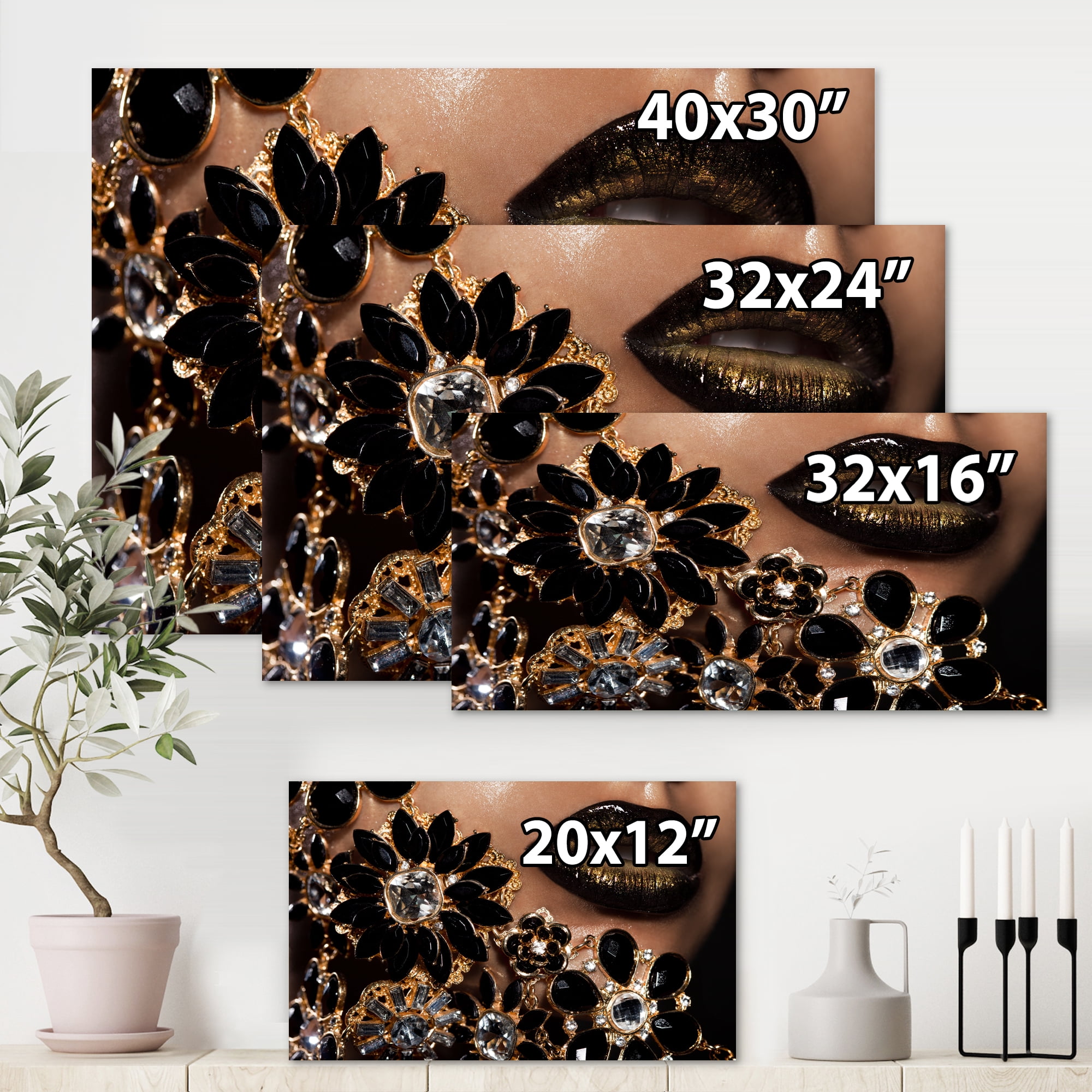 Designart ' Woman Lips With Golden Jewelry ' Modern Canvas Wall Art Print