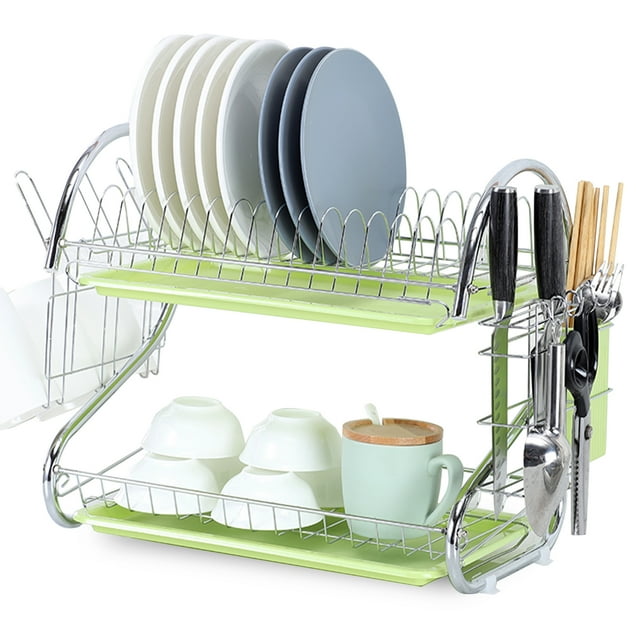 Zootealy Dish Drying Rack 2 Tier Dish Rack Steel with Removable Drain Board Storage Rack for Dish Drainer Utensil Holder with Cup Rack for Kitchen Countertop Organizer Storage