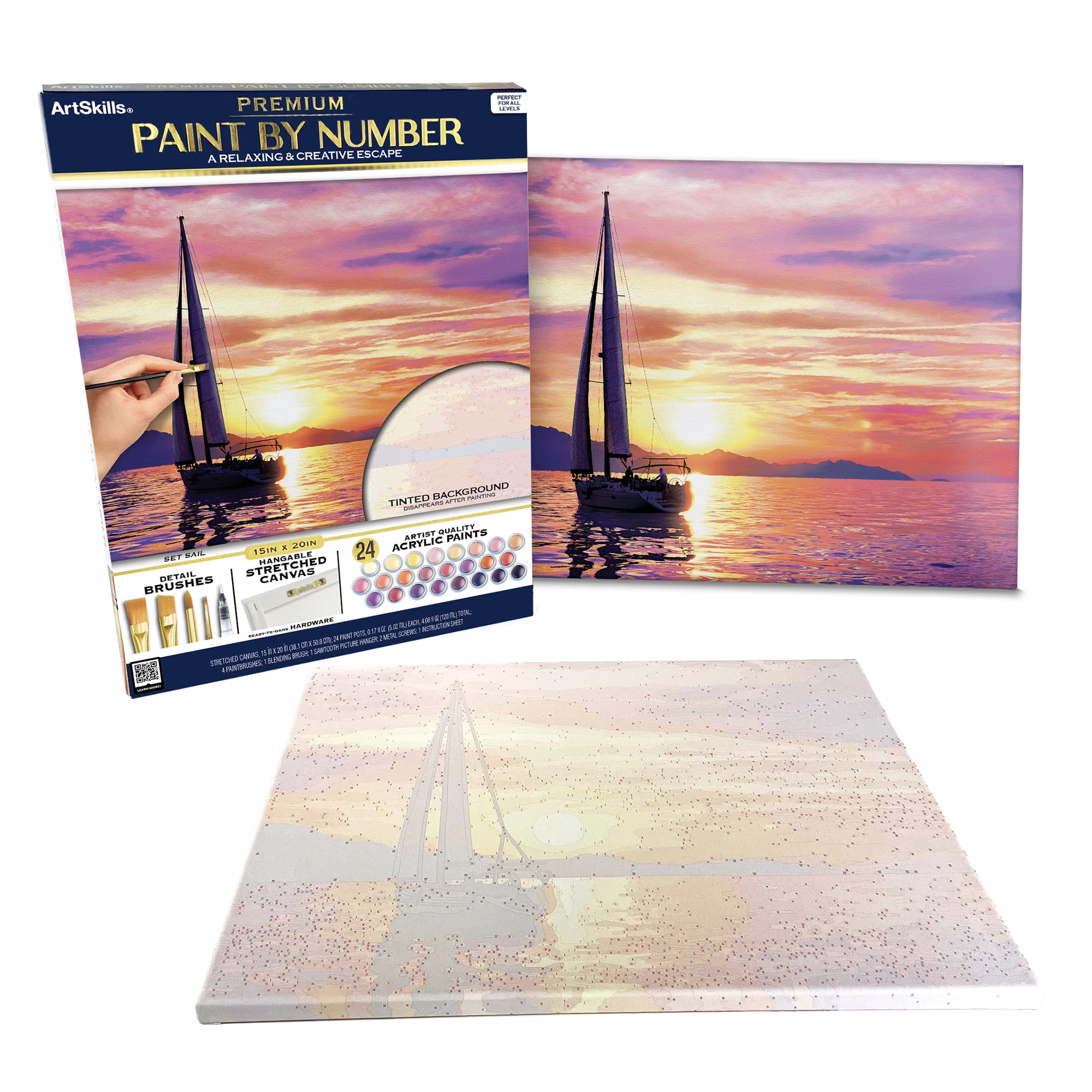 ArtSkills Sunset Sailboat Paint by Number Art Kit for Adults, 20" x 15" Stretched Canvas, Unisex Wall Art