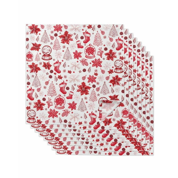 Red Christmas Cloth Napkins Set of 8, Xmas Poinsettia Tree Snowflake Washable Reusable Dinner Cocktail Napkin for Kitchen Party Wedding Banquet Holiday Baby Shower Table Decor