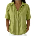 thumbnail image 2 of Mifsaly Linen Henley Shirts for Women Short Sleeve V Neck Button Down Blouses Collared Casual Loose Summer Tops Comfortable Lightweight Office Work Outfits L, 2 of 5