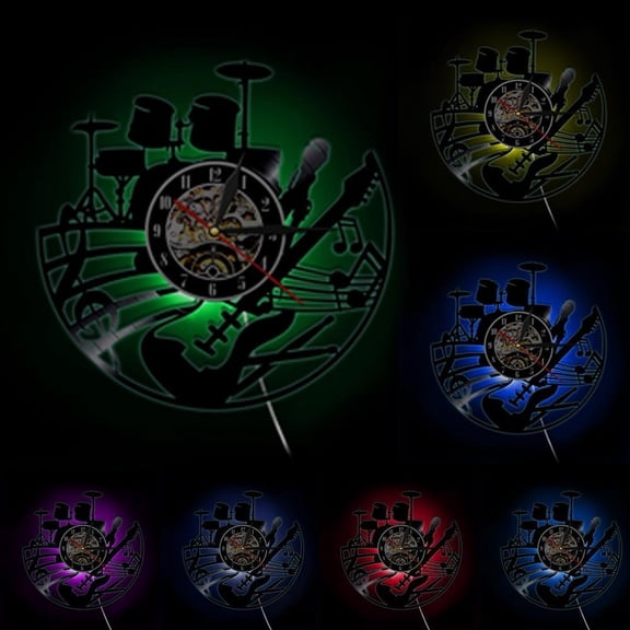 Guitar and Drum Kits Wall Clock Guitar Player Music Vinyl Record Clock Rock Music Instrument Guitar Wall Art Rock n Rock Gift With LED