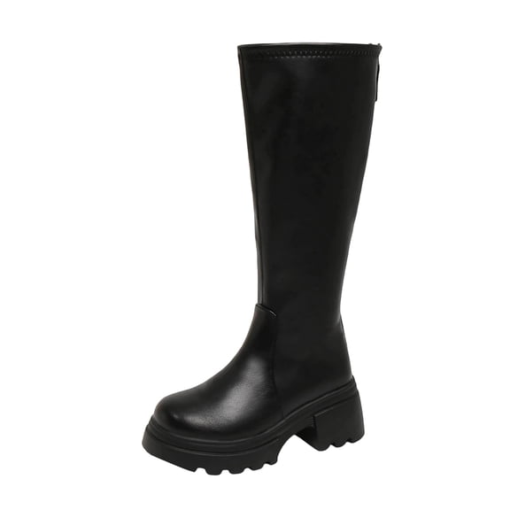 hopeusnice Back Zipper Knee High Boot Round Toe Sole Chunky Heel Winter Warm Boot Black 36
