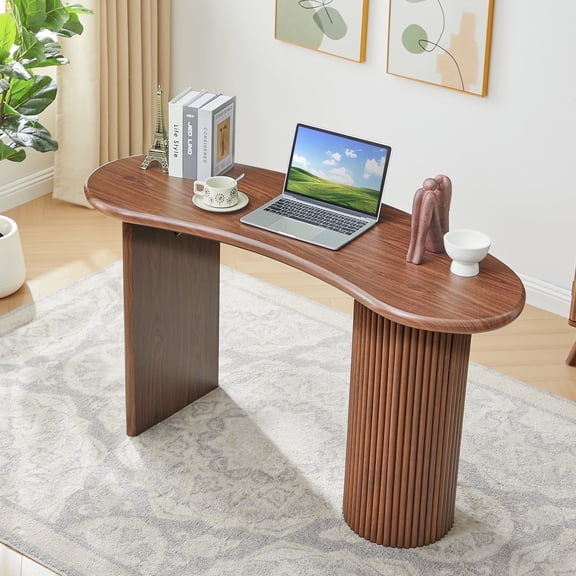 Wirrytor 53 Inch Curved Desk with Fluted Legs, Oval Small Computer Desk for Bedroom Corner, Modern Home Office Writing Vanity Table for Kids and Adults, Space Saving Corner Study Desk Unit
