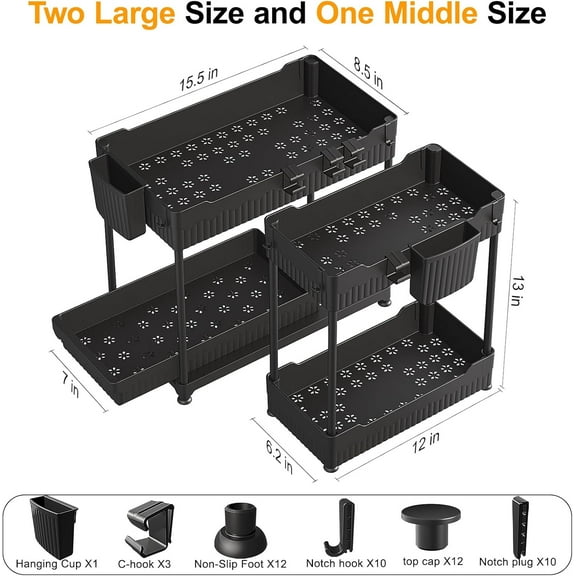 3 Pack Under Sink Organizers, 2-Tier Multi-Use Kitchen and Bathroom Storage with Sliding Drawers (Black, 12.8 Inch)