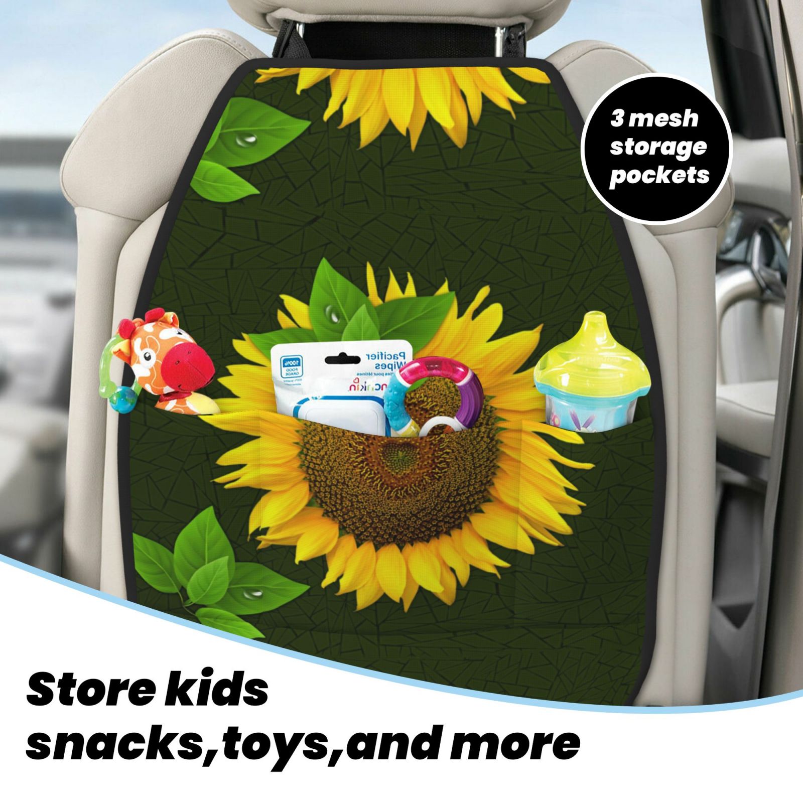 Xecao Sunflower Pattern Car Seat Back Protector 2 Pack Large Capacity Pocket, Kick Mats Back Seat Protector