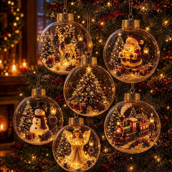 6PCS Light-Up Christmas Balls with Warm LED Light,Glowing Christmas Story Ornament,3D Mini Holiday Scene Clear PVC Globe Christmas Tree Ornament Decoration