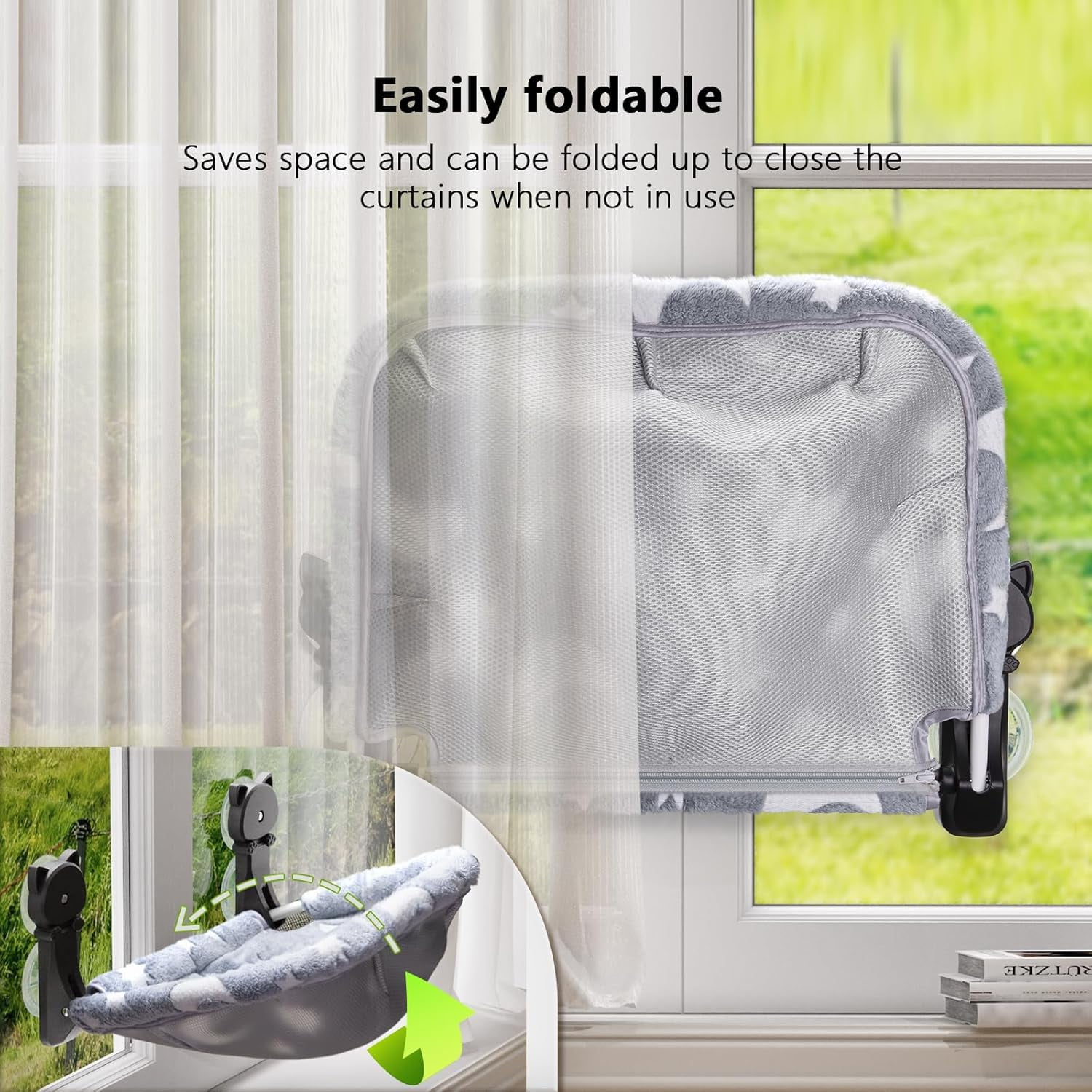 Cat Window Perch Cordless, Glow in The Dark & Stable Cat Beds- Breathable Window Hammock for Overlooking, Sunbathing and Climbing - Maximum Hold Up to 40lb(Grey)