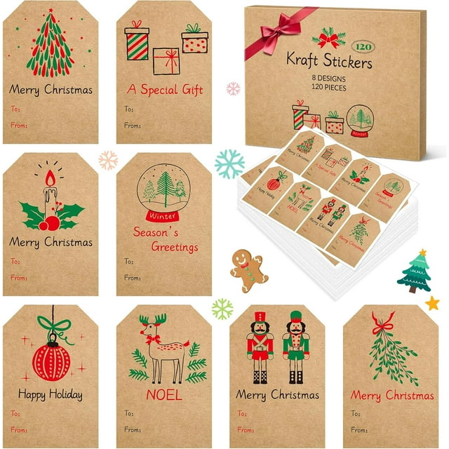 Christmas Gift Tags, Natural Kraft Gift Stickers for Christmas Presents, Self Adhesive to and from Name Tags, 120Pcs Xmas Present Labels for Holiday Wrapping Paper, 8 Designs, 2" x 3", Green
