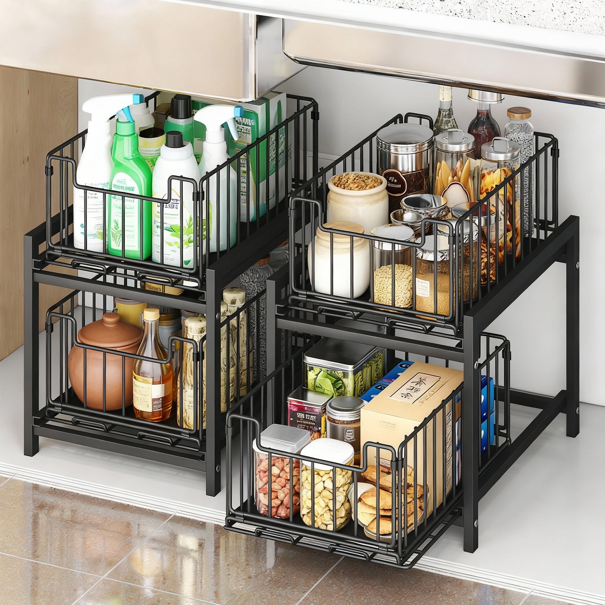 2 Tier Under Sink Organizer Rack, Pull Out Cabinet Organizer, Slide Out Sink Shelf for Kitchen & Bathroom, Black