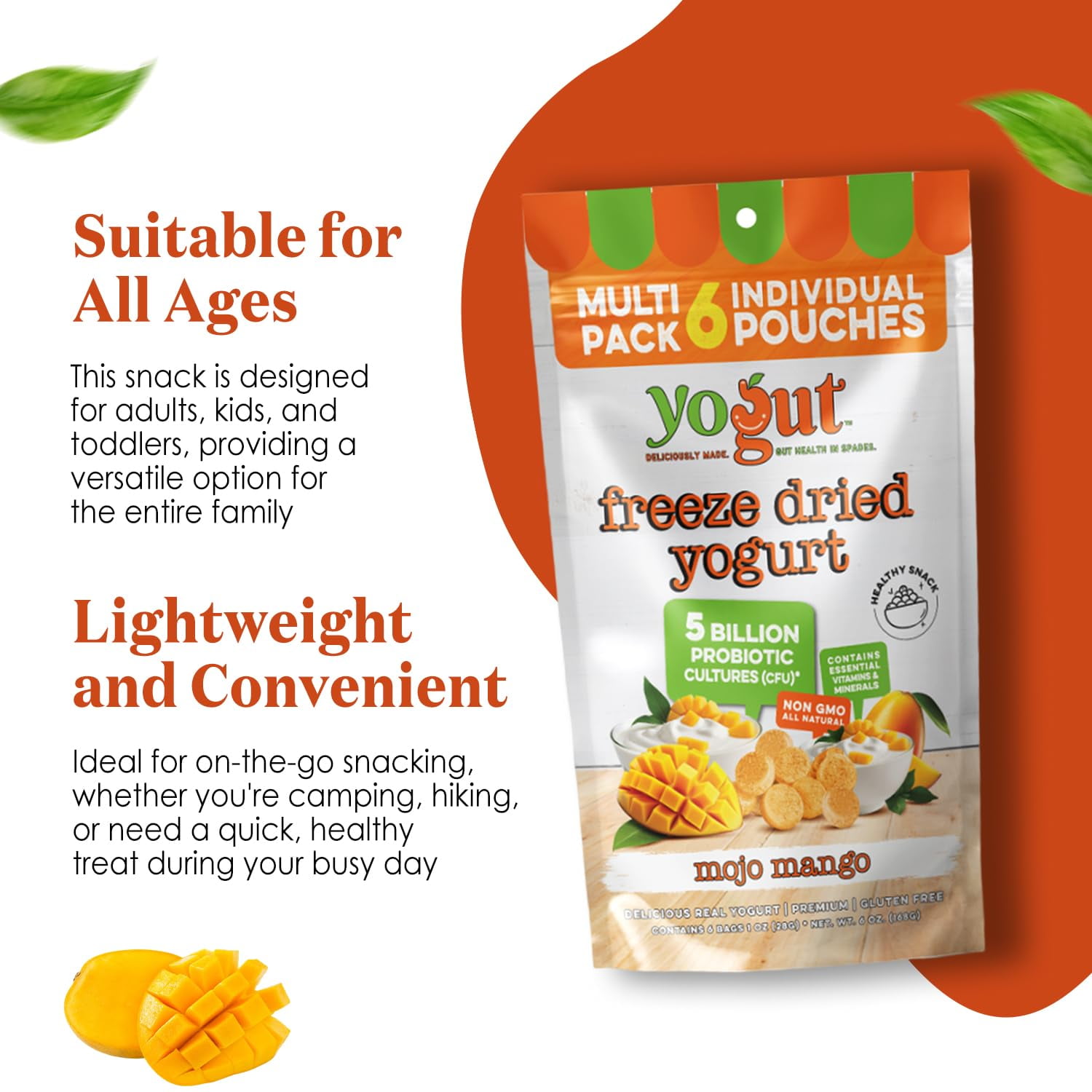 YoGut Freeze Dried Yogurt Snack Mango, 6 Pack, Crunchy Texture, Gluten Free, Non GMO, Probiotic Healthy Snack for Kids & Adults