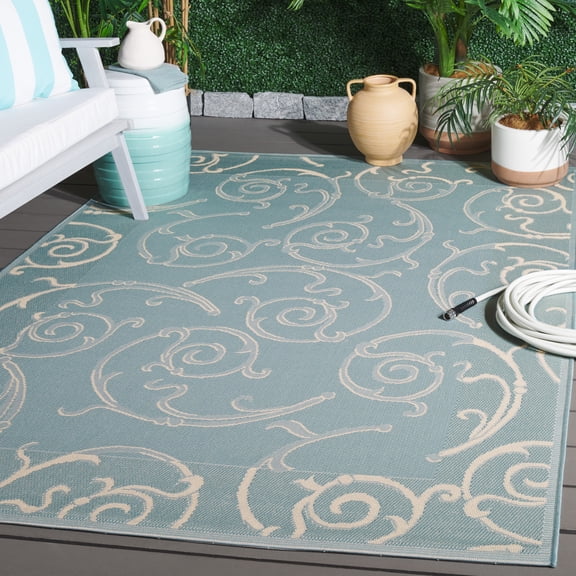 SAFAVIEH Courtyard Caleb Botanical Indoor/Outdoor Area Rug, Aqua/Cream, 9' x 12'