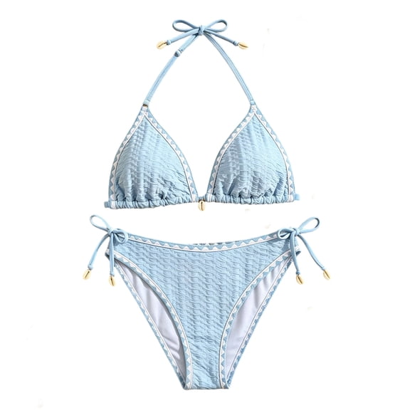 Weebloom Teen Girls' Swimwear Swimwear Tie Neck Bikini Beach Swimsuit For Kids Teen Bathing Suit Light Blue 13-14 Years