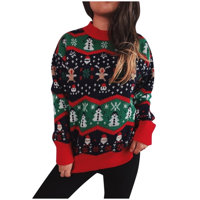 Chandail de Noël Mode Femme Flocon de Neige Tricoté Col Rond Manches Longues Chandail-Over Hiver Confortable Décontracté
