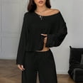 thumbnail image 6 of Stichou Women's 2 Piece Matching Lounge Sets Off The Shoulder 2026 Vacation Airport T Shirt with Flowy Wide Leg Pants Lightweight Long Sleeve Lounge Set Black 2XL, 6 of 7